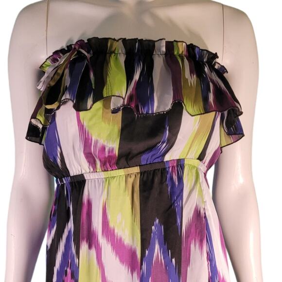 2B Bebe Graphic Neon Ruffle Strapless Mini Dress XS Y2K Bright Party Cute Fun - Picture 3 of 10